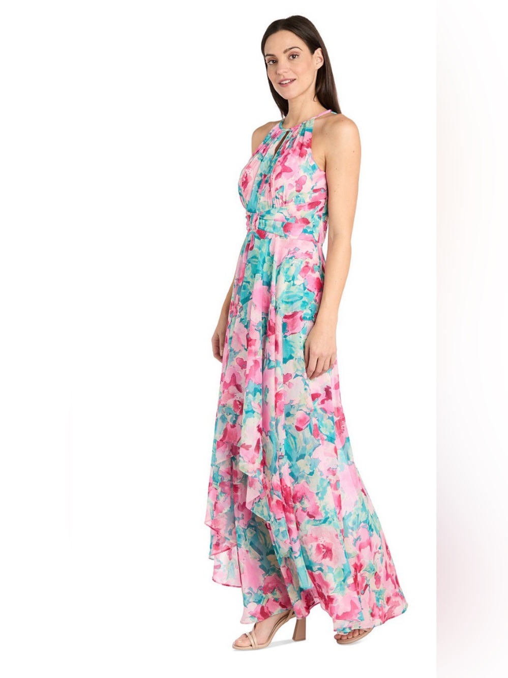 R&M Richards Pink Floral Halter Maxi Dress Waist Size 12
